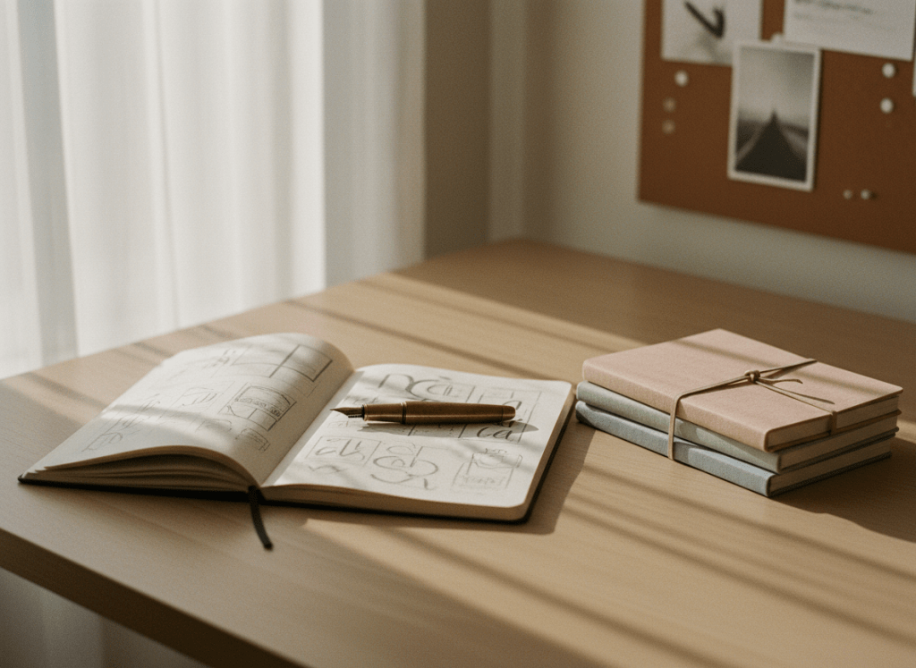 A thoughtfully arranged creative studio desktop featuring an open sketchbook filled with softly penciled layout ideas, a vintage brass fountain pen, and a neatly stacked trio of muted pastel notebooks with linen covers. The desk is a pale, matte oak surface positioned near a large window, where warm, late-afternoon sunlight filters through sheer curtains, casting gentle, elongated shadows and subtle gradients of light across the objects. In the softly blurred background, a cork vision board holds a few minimalist, monochrome postcards. Shot at eye level with a shallow depth of field and a centered yet breathable composition, the scene feels calm, sophisticated, and quietly inspired. The analog-film aesthetic introduces fine grain, softened edges, and a muted, cohesive color palette that reinforces the refined, creative atmosphere of Jessica’s Studio.